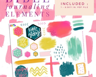 May include: A printable sheet of Bible journaling elements, including colorful shapes, crosses, and inspirational phrases like "King of Glory" and "Freedom in Christ". The sheet is 8.5 x 11 inches and is a PDF file.