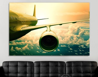 Airplane Landing Picture Sunset Lights 5 Panel Canvas Print Wall Home Poster