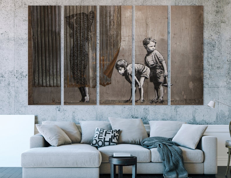 Contemporary Art Ironic Wal Art Shower | Banksy Style Dismaland Bemusement Mother And Sons Gloomy Print Printable Canvas