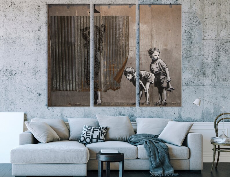 Contemporary Art Ironic Wal Art Shower | Banksy Style Dismaland Bemusement Mother And Sons Gloomy Print Printable Canvas