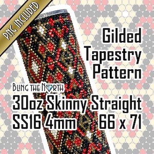 May include: A 30 ounce skinny straight tumbler with a gold, black, and red tapestry pattern. The tumbler is made of stainless steel and has a 4mm diameter. The text "BLING THE NORTH" is visible on the tumbler.