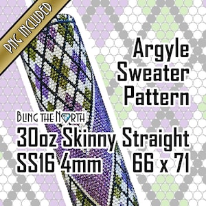May include: A 30 ounce skinny straight stainless steel tumbler with a purple, green and white argyle pattern. The tumbler is 66 mm by 71 mm and has a 16 mm lid. The tumbler is decorated with rhinestones.