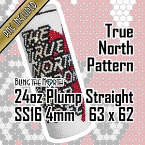 May include: A white tumbler with a bedazzled design featuring the text "THE TRUE NORTH" in black and red rhinestones. The tumbler is labeled "24oz Plump Straight" and measures 63mm x 62mm.