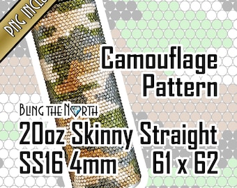 May include: A 20 ounce skinny straight stainless steel tumbler with a camouflage pattern made of rhinestones. The tumbler is 61 x 62 mm and is labeled "BLING THE NORTH".