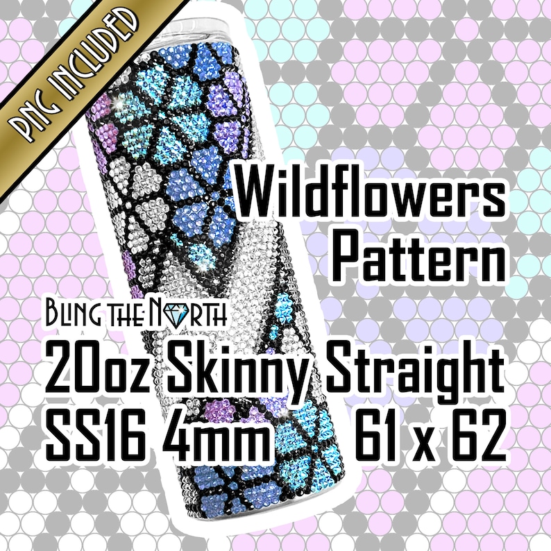 May include: A 20 ounce skinny straight tumbler with a wildflower pattern. The tumbler is decorated with rhinestones and has a black, white, blue, and purple color scheme. The tumbler is 4mm thick and measures 61 x 62.