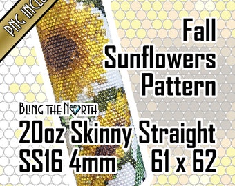 May include: A 20 ounce skinny straight stainless steel tumbler with a sunflower pattern design. The tumbler is decorated with rhinestones and measures 61 x 62 mm. The text "Fall Sunflowers Pattern" is visible in the image.