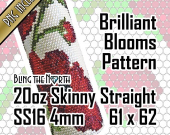 May include: A 20 ounce skinny straight stainless steel tumbler with a red, white, and green floral pattern. The tumbler is 4mm thick and measures 61 x 62. The text "BLING THE NORTH" is visible on the tumbler.
