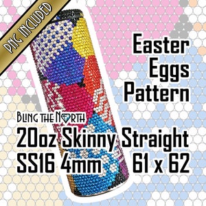 以下が含まれることがあります： カラフルなイースターエッグ柄の20オンスのスキニーストレートステンレススチールタンブラー。タンブラーはラインストーンで飾られており、サイズは4mmです。タンブラーには「BLING THE NORTH」の文字が見えます。