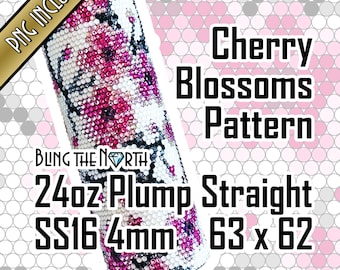 Può includere: Un bicchiere dritto Plump da 709 ml con un motivo a fiori di ciliegio. Il bicchiere è decorato con strass rosa, bianchi e neri. Il testo "Cherry Blossoms Pattern" è visualizzato sul lato destro del bicchiere. Misure: 63 x 62 mm.