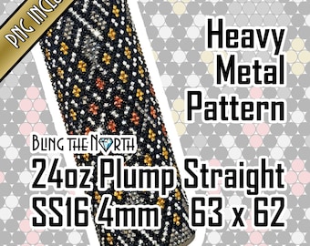 May include: A black, gold, and silver tumbler with a geometric pattern. The tumbler is 24 ounces and has a straight design. It is made with SS16 4mm rhinestones. The text "Bling the North" is on the tumbler. The text "Heavy Metal Pattern" is on the background.