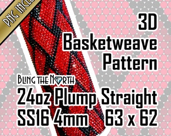 May include: A 24 ounce stainless steel tumbler with a 3D basketweave pattern made with red and black rhinestones. The tumbler is 4mm in size and has a 63 x 62 design. The text "BLING THE NORTH" is visible on the tumbler.