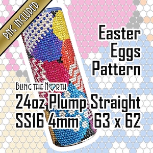 以下が含まれることがあります： ラインストーンでできたカラフルなイースターエッグ柄の24オンスステンレス製タンブラー。タンブラーは厚さ4mmで、サイズは63 x 62です。タンブラーには「BLING THE NORTH」の文字が見えます。