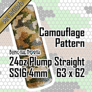 May include: A 24 ounce stainless steel tumbler with a camouflage pattern made of rhinestones. The tumbler is 4mm thick and measures 63 x 62. The text "Bling the North" is printed on the tumbler.