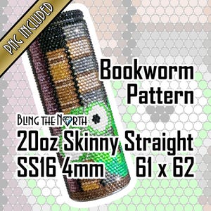 Pode incluir: Um copo de aço inoxidável reto e fino de 20 onças com um design de padrão de verme de livro. O copo é coberto de strass e mede 61 x 62 mm. A imagem inclui o texto "BLING THE NORTH" e "Bookworm Pattern".