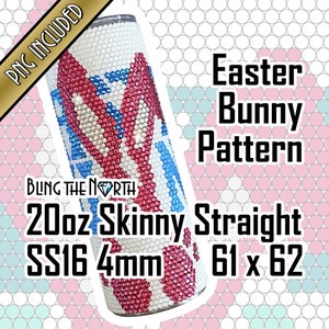 May include: A 20 ounce skinny straight stainless steel tumbler with a white, pink, and blue Easter bunny pattern. The tumbler is 4mm thick and measures 61 x 62.  The tumbler is decorated with rhinestones.
