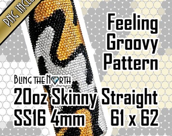 May include: A 20 ounce skinny straight stainless steel tumbler with a black, white, and gold groovy pattern. The tumbler is 16 ounces and has a 4 mm lid. The text "BLING THE NORTH" is printed on the tumbler.