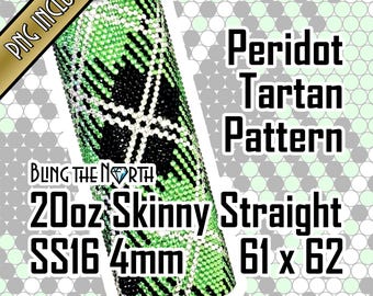 May include: A 20 ounce skinny straight stainless steel tumbler with a peridot tartan pattern. The tumbler is 61 millimeters by 62 millimeters and has a 4 millimeter lid. The tumbler is covered in rhinestones.
