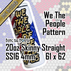 May include: A white, bedazzled 20 oz skinny tumbler with the text "WE THE PEOPLE OF" in gold, red, and blue rhinestones. The tumbler is labeled "Bling The North" and measures 61 x 62.