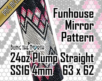 May include: A black and white tumbler with a pink and white geometric design. The tumbler is decorated with rhinestones and has the text "Funhouse Mirror Pattern 24oz Plump Straight SS16 4mm 63 x 62" on it.