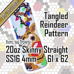 Puede incluir: Un vaso recto delgado de 20 onzas con un diseño de patrón de reno enredado. El vaso está cubierto de diamantes de imitación y tiene 61 x 62 puntos. El vaso tiene 4 mm de tamaño y está hecho con diamantes de imitación SS16.