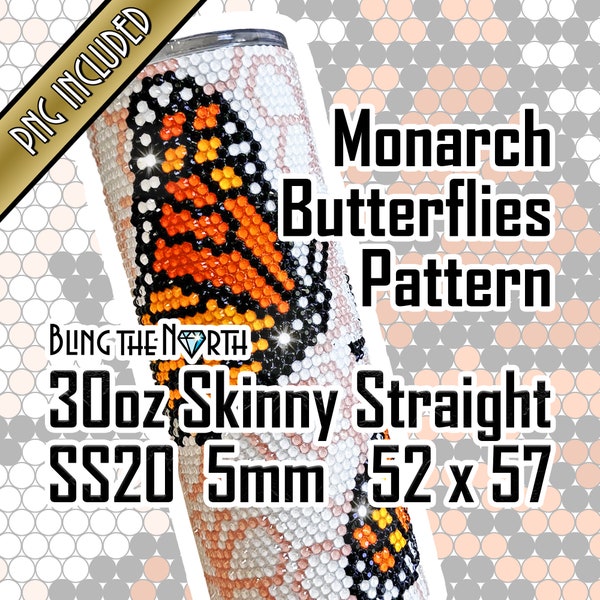 MONARCH BUTTERFLIES Rhinestone Pattern Template | SS20 5mm | 30oz Skinny Straight | Bling Tumbler Design | Bling the North | PNG Sublimation