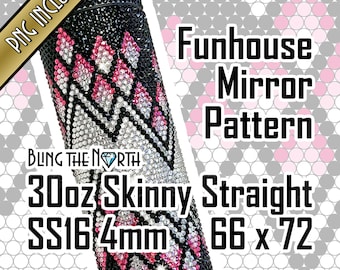 May include: A 30 ounce skinny straight tumbler with a black, white, and pink rhinestone design. The design is a funhouse mirror pattern. The tumbler is 66 x 72 mm and uses SS16 4mm rhinestones.  BLING THE NORTH is printed on the tumbler.