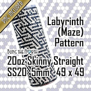 May include: A 20 ounce skinny straight stainless steel tumbler with a black and white labyrinth pattern. The tumbler is 5mm thick and measures 49 x 49. The image includes the text "Bling the North".