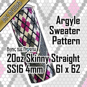 May include: A 20 ounce skinny straight stainless steel tumbler with a 4mm diamond pattern in an argyle sweater design. The tumbler is decorated with black, white, and pink rhinestones. The text "BLING THE NORTH" is visible on the tumbler. The text "Argyle Sweater Pattern" is visible above the tumbler. The text "20oz Skinny Straight SS16 4mm 61 x 62" is visible below the tumbler.