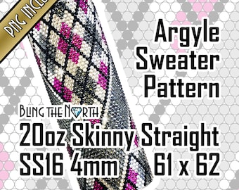 May include: A 20 ounce skinny straight stainless steel tumbler with a 4mm diamond pattern in an argyle sweater design. The tumbler is decorated with black, white, and pink rhinestones. The text "BLING THE NORTH" is visible on the tumbler. The text "Argyle Sweater Pattern" is visible above the tumbler. The text "20oz Skinny Straight SS16 4mm 61 x 62" is visible below the tumbler.