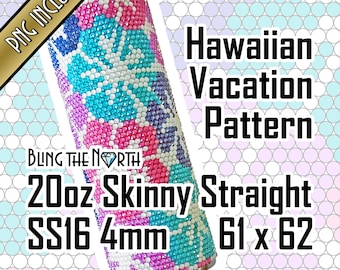 May include: A 20 ounce skinny straight stainless steel tumbler with a Hawaiian vacation pattern. The tumbler is decorated with pink, blue, and white rhinestones. The tumbler is 61 x 62 mm and is 16 mm in diameter. PNG included.
