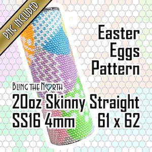 以下が含まれることがあります： イースターエッグのパターンデザインが施された、20オンスのスキニーストレートタンブラー。タンブラーはカラフルなラインストーンで覆われており、サイズは61 x 62ミリメートルです。タンブラーはSS16 4mmのラインストーンで作られています。