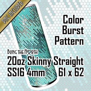May include: A turquoise 20 ounce skinny straight tumbler with a color burst pattern. The tumbler is covered in rhinestones and has a silver base. The text "BLING THE NORTH" is printed on the tumbler. The text "SS16 4mm 61 x 62" is also printed on the tumbler.
