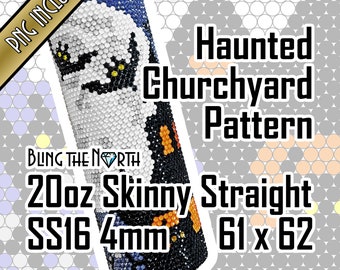 May include: A 20 ounce skinny straight stainless steel tumbler with a 4mm crystal pattern. The pattern is a haunted graveyard scene with a ghost, pumpkins, and bats. The tumbler is 61 crystals wide by 62 crystals tall.