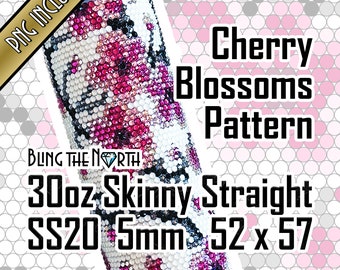 Könnte beinhalten: Ein 30 Unzen schlanker gerader Becher mit einem Kirschblütenmuster. Der Becher ist mit rosa, weißen und schwarzen Strasssteinen bedeckt. Der Becher ist 52 mm x 57 mm groß und besteht aus SS20 5 mm Strasssteinen.