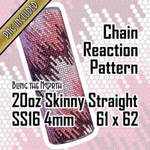 Op de afbeelding: Een 20 ounce slanke rechte tumbler met een roze en wit kettingreactiepatroon. De tumbler is gemaakt met SS16 4 mm strass en meet 61 x 62.