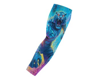 Blue Tiger Arm Sleeve, Neon Jungle Compression Sleeve, Youth & Adult Sizes Available