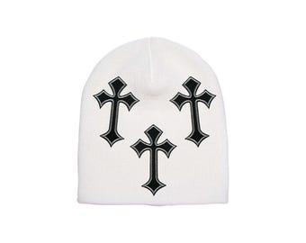 Gothic Cross Beanie, White Knitted Hat, Grunge Embroidered Skull Cap, Urban Fashion Winter Accessory