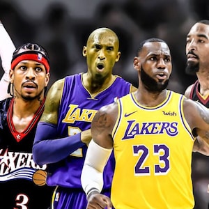 Puede incluir: Imagen compuesta con varios jugadores de baloncesto con sus camisetas de equipo. Los jugadores incluyen a LeBron James con una camiseta amarilla de los Lakers, Kobe Bryant con una camiseta morada de los Lakers y Allen Iverson con una camiseta negra de los Sixers.