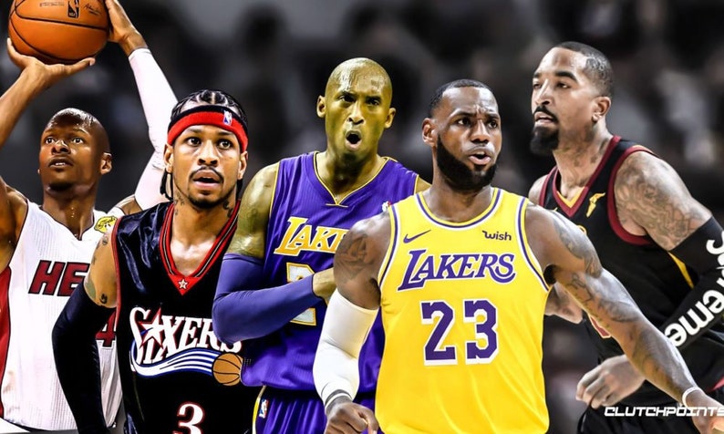 Puede incluir: Imagen compuesta con varios jugadores de baloncesto con sus camisetas de equipo. Los jugadores incluyen a LeBron James con una camiseta amarilla de los Lakers, Kobe Bryant con una camiseta morada de los Lakers y Allen Iverson con una camiseta negra de los Sixers.
