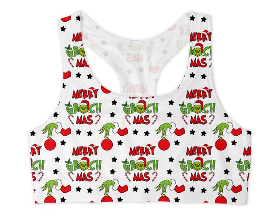 Merry Grinchmas Sports Bra, Christmas Pattern Bra, Custom Printed