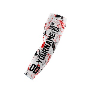 May include: White arm sleeve with a black and red splatter paint design. The text "SO YOUR NAME" and "LOGO" are printed on the sleeve.