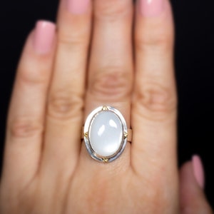 Glowing White Moonstone Sterling Silver Statement Ring with 22k Gold Accents, f16