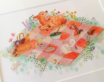 Woodland Picnic - Mounted Print - 16 x 12 inches - Watercolour