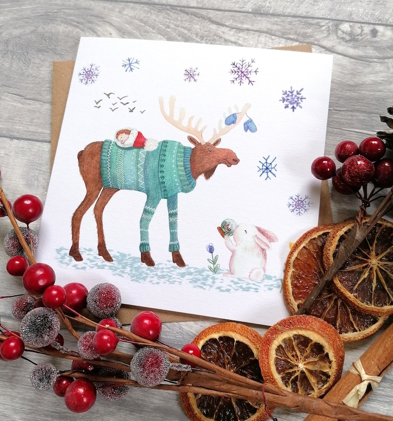 Moose Mittens Greeting Card Christmas Occasion Watercolour image 1