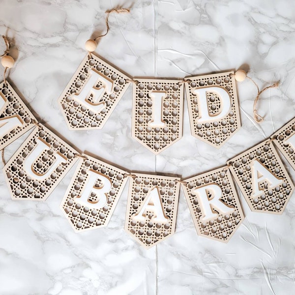 Pancarta de Eid en madera de ratán con capas de acrílico, letrero decorativo de Eid en abedul báltico, decoración bohemia de Ramadán, madera y acrílico, letrero de Eid Mubarak