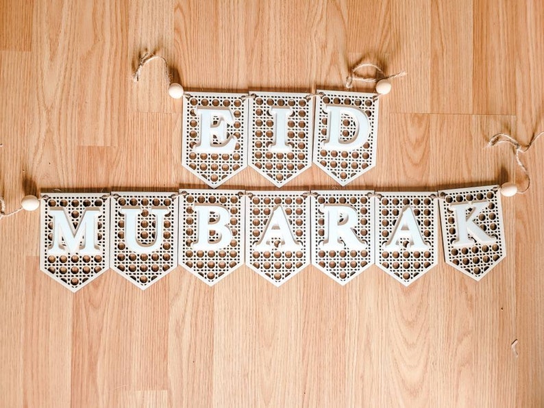 Eid Banner in Rattan Wood layered with Acrylic, Eid Decoration Sign in Baltic Birch, Boho Ramadan Decor, wood and acrylic, Eid Mubarak Sign image 2