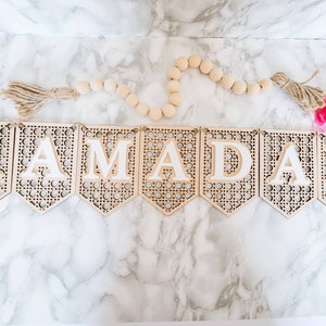 Eid Banner in Rattan Wood layered with Acrylic, Eid Decoration Sign in Baltic Birch, Boho Ramadan Decor, wood and acrylic, Eid Mubarak Sign image 9