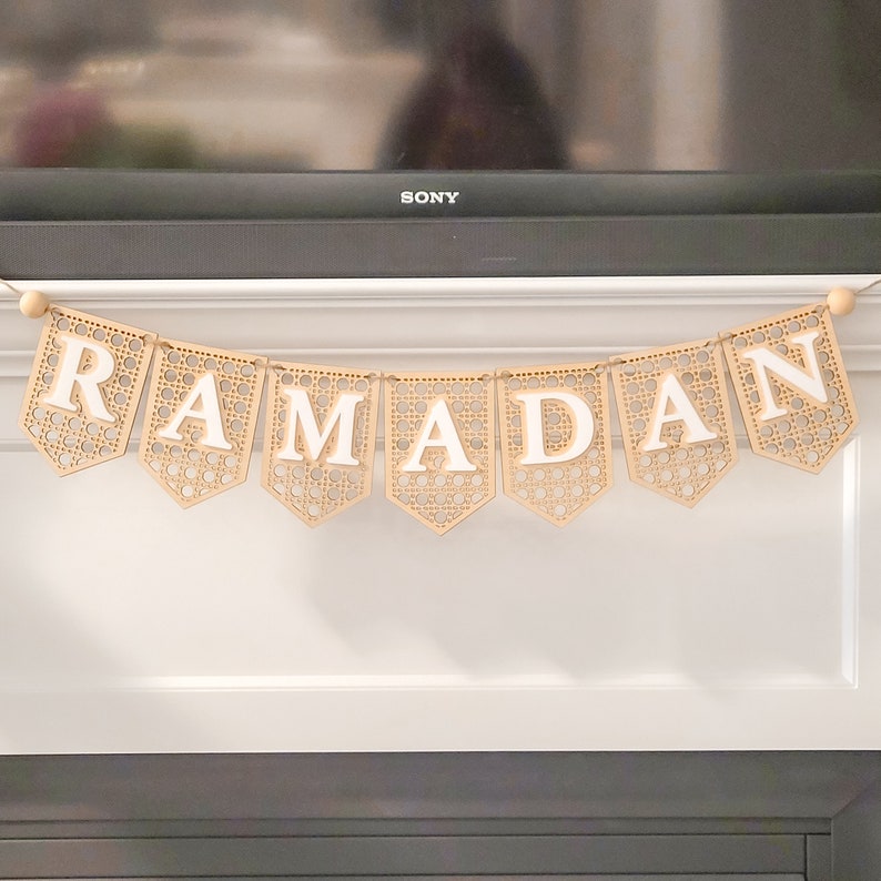 Ramadan Banner in Rattan Wood layered with Acrylic, Ramadan Decoration Sign in Baltic Birch, Boho Ramadan Decor, natural wood and acrylic image 1