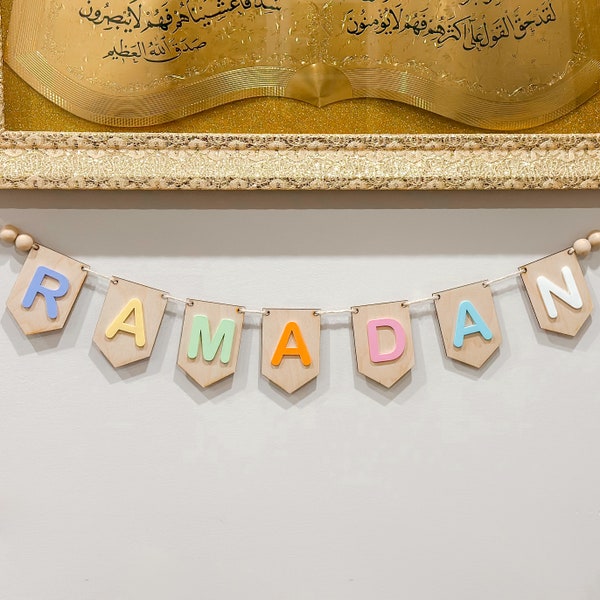 Ramadan Mini Banner for Kids in Wood layered with Acrylic, Modern Ramadan Decoration Sign in Baltic Birch, Modern Ramadan