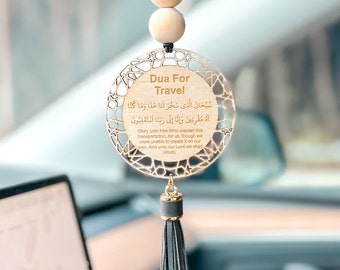 Islamic Rearview Mirror Car Hanger with Dua for Travel made with Wood and Leatherette Tassel Keychain, Muslim keychain with Dua